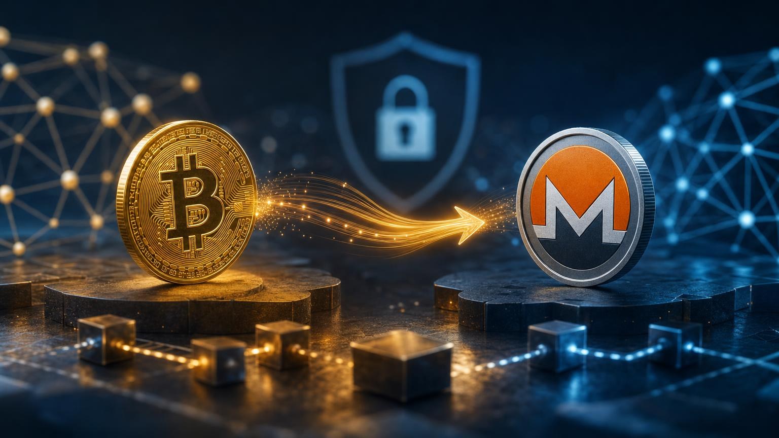 Minh họa luồng đổi Bitcoin sang Monero qua dịch vụ hoán đổi, từ giao dịch BTC đầu vào đến XMR được ghi nhận trong ví nhận
